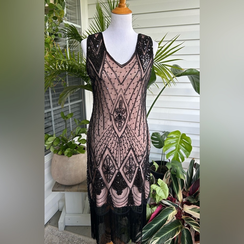 Pretty Guide black nude embroidered beaded midi dress Sz M